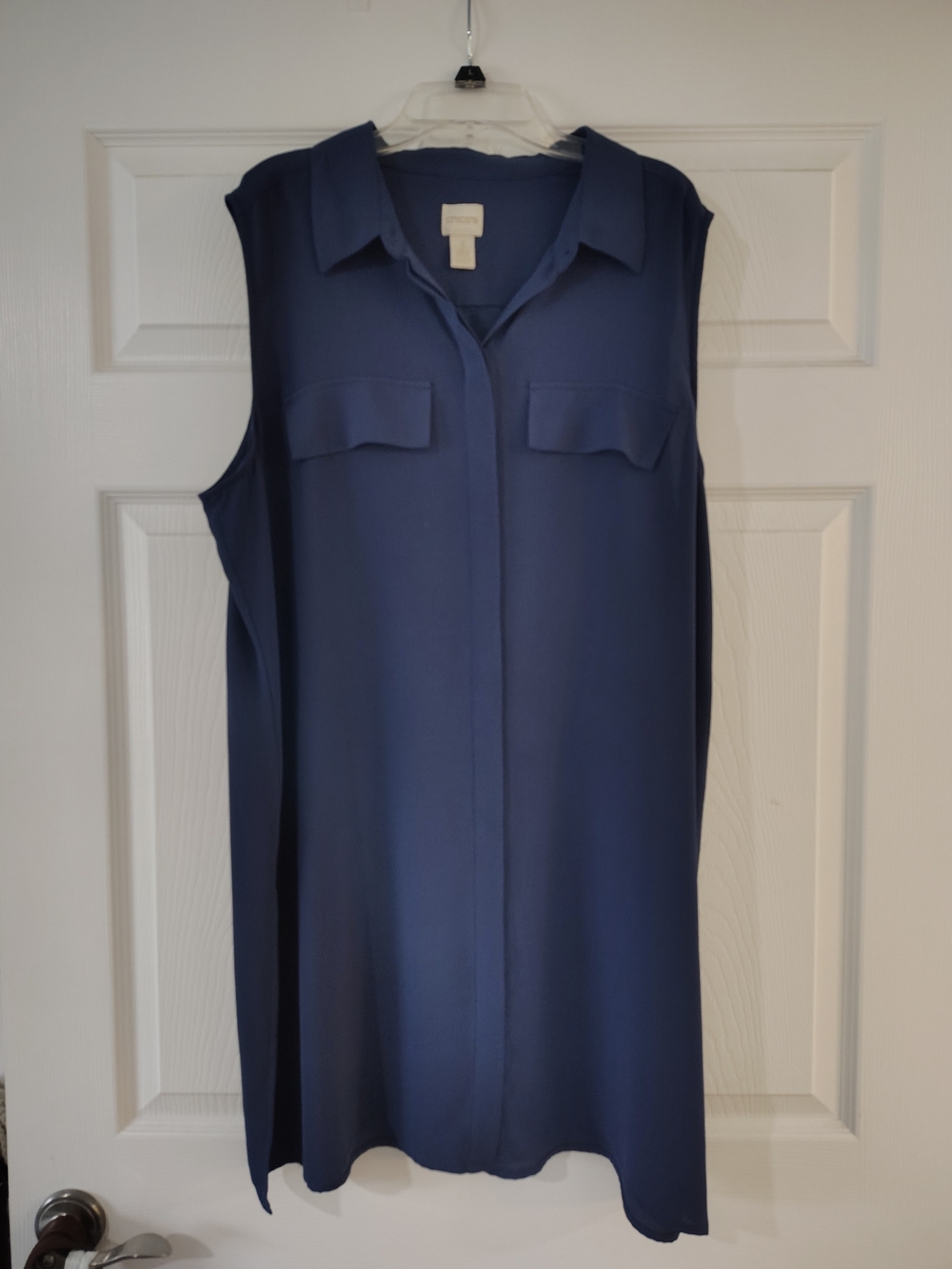 Chico's Navy Sleeveless Collared Tunic with Flap Pockets